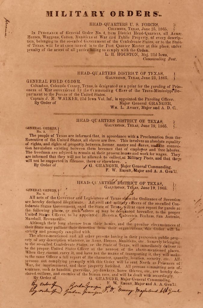 [Picture of general orders made by General Granger in Galveston, Texas on 19 June 1865]