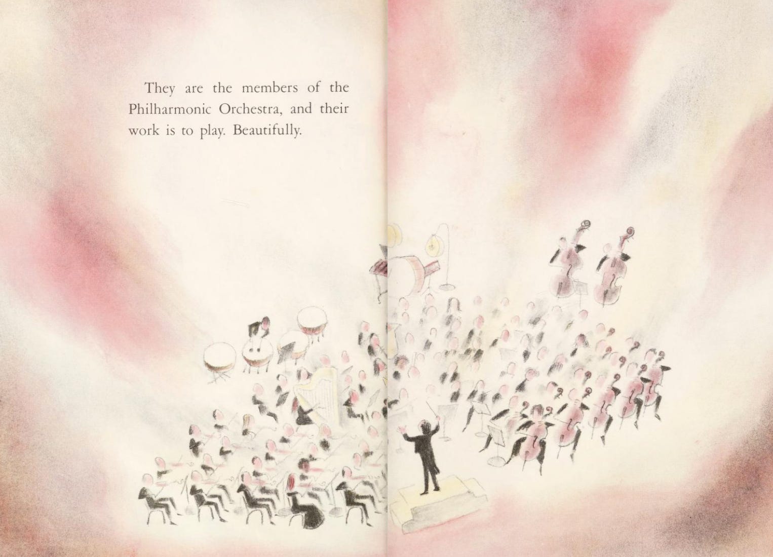 Illustration from The Philharmonic Gets Dressed by Karla Kuskin (Author) and Marc Simont (Illustrator). Text reads "They are the members of the Philharmonic Orchestra, and their work is to play. Beautifully."